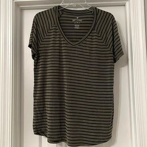 American Eagle Outfitters Olive and Black Striped Short Sleeve Tee